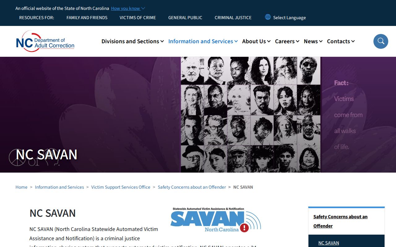 North Carolina SAVAN official victim notification program page
