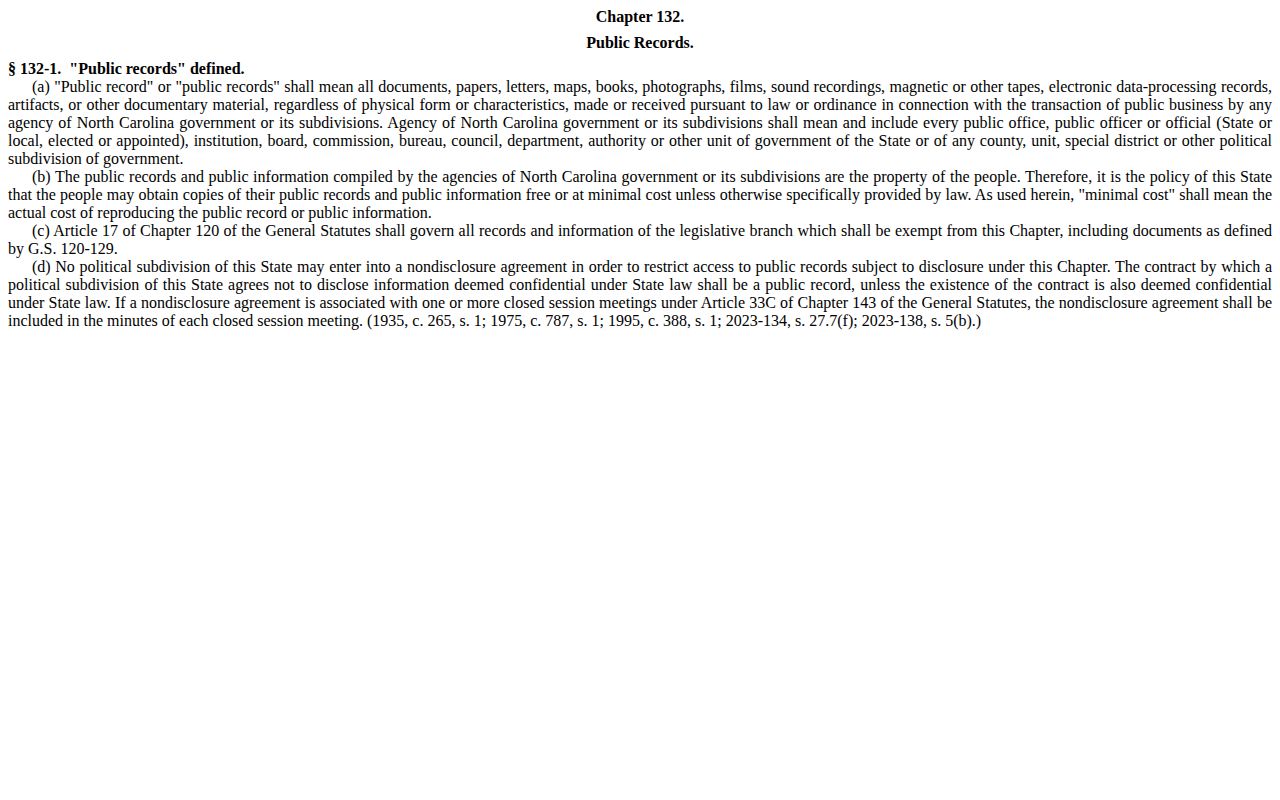 North Carolina General Statutes public records law page