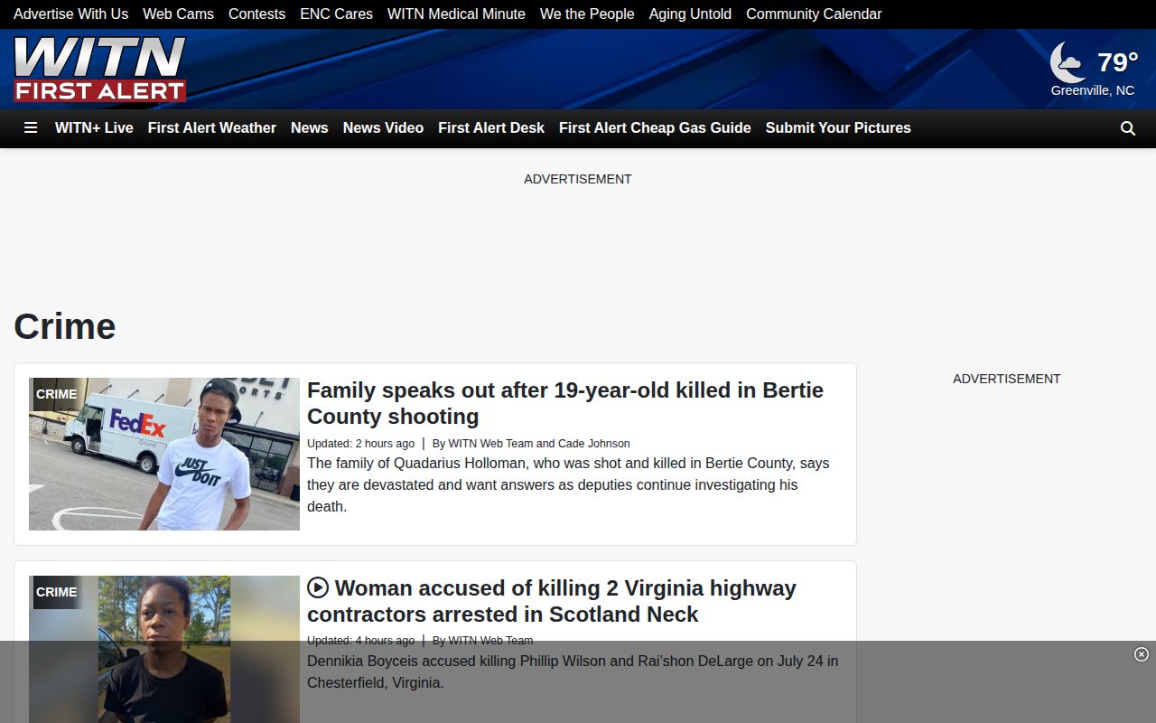 WITN crime news landing page used for selected Martin County arrest reporting